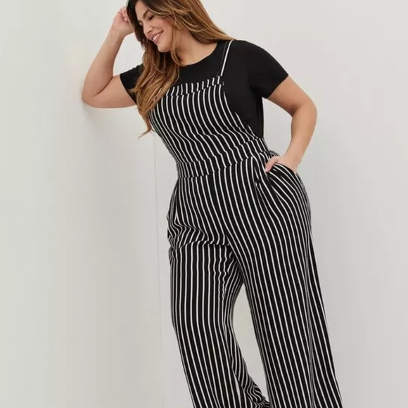 torrid Pants - Torrid Black and White Jumpsuit with V-Neck and Pinstripes